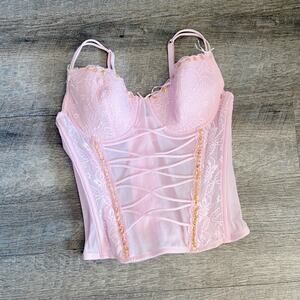 Vintage Y2K Pastel Pink Sequin Lace Up Corset Top Lingerie 36B Medium